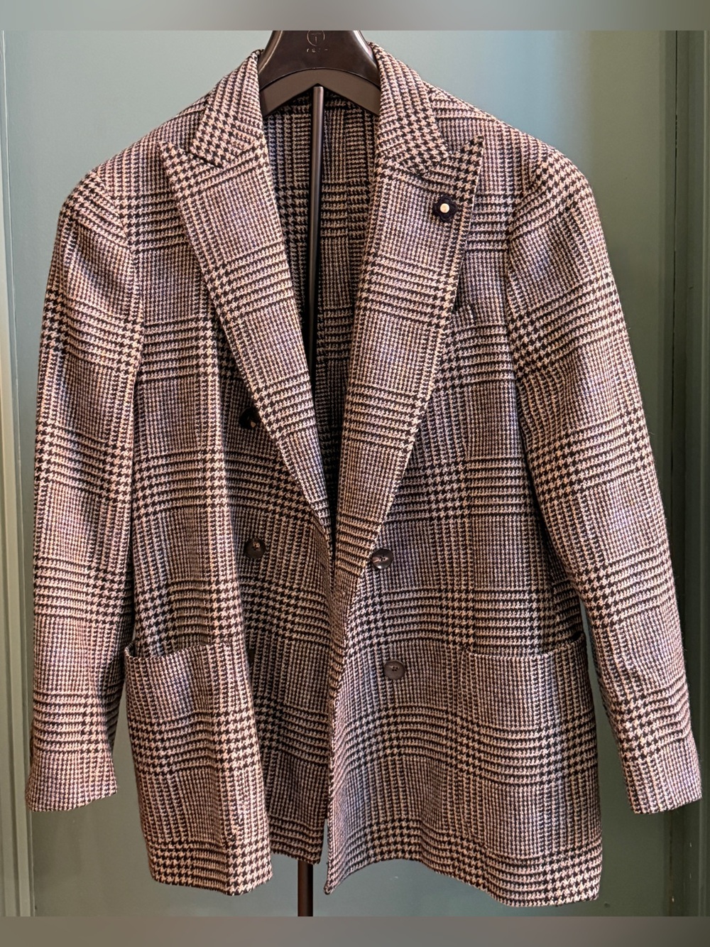 $1,595 Lardini Double-Breasted Plaid Sport Coat Blazer Peak Lapel Black Tan 54